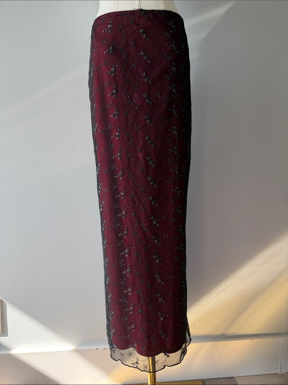 Steppin' Out Burgundy Maxi Skirt with Black Beaded Overlay